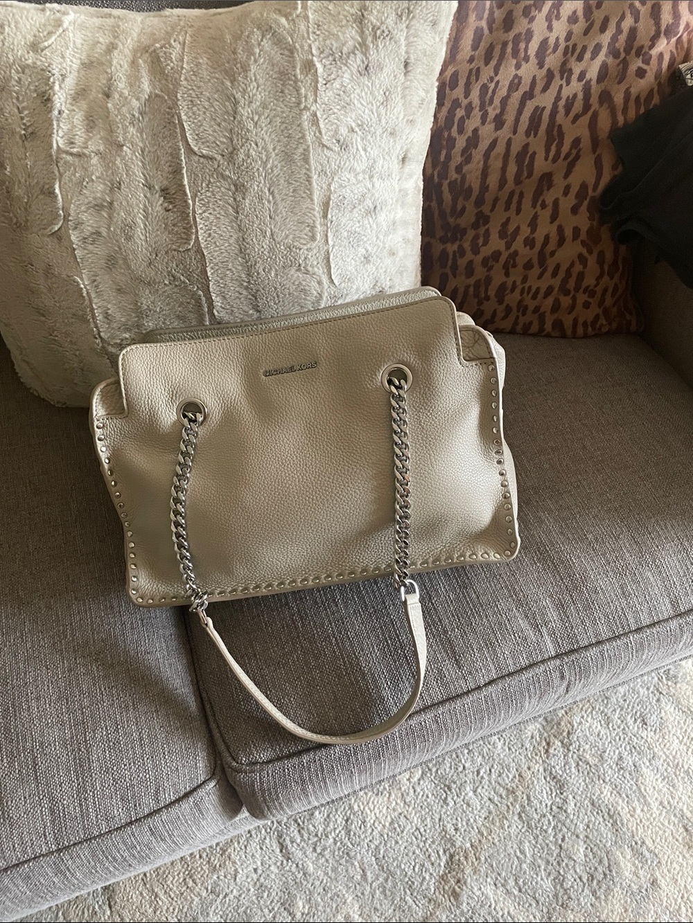 Michael Kors Leather Shoulder Bag in Light Beige with Silver Chain Straps